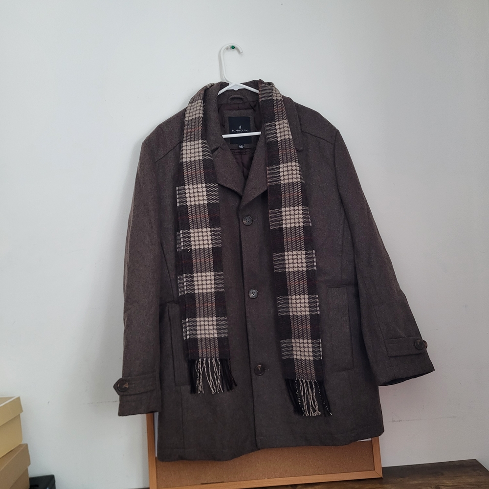 Men's Brown Coat with Plaid Scarf